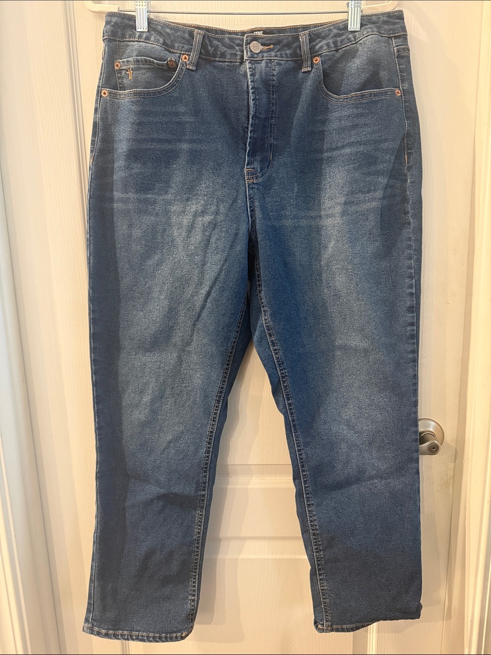 Frye Dark Blue Denim Waistband with Tan Topstitching